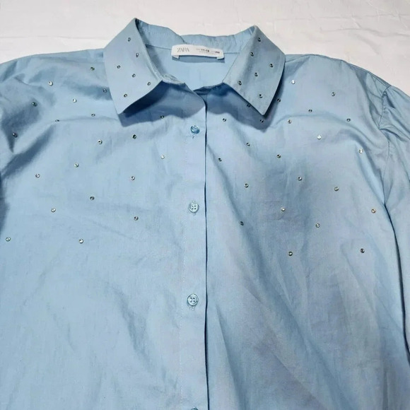 Zara Shirt Button Down Kids 11-12  Light Blue  Studded  Longsleeve - Picture 12 of 15